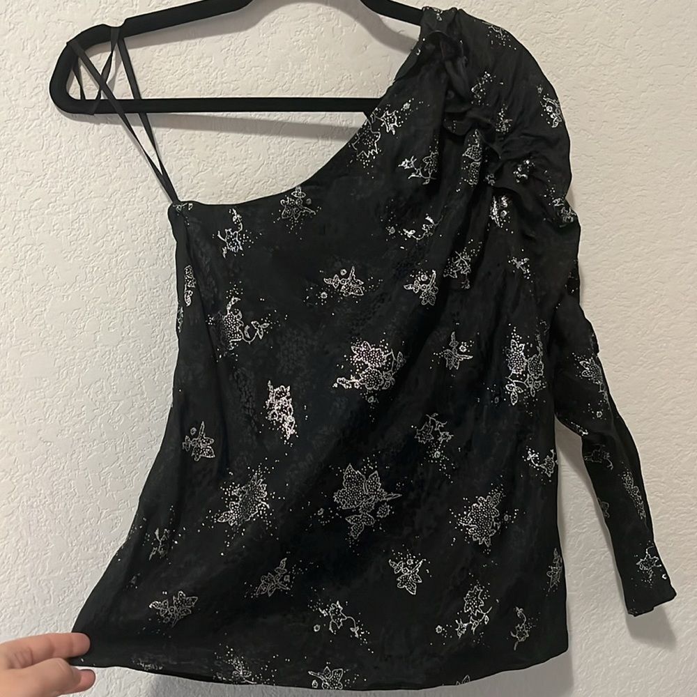 REBECCA TAYLOR One Shoulder 100% Silk Black and Silver Glitter Top, Size 2 - Picture 3 of 12